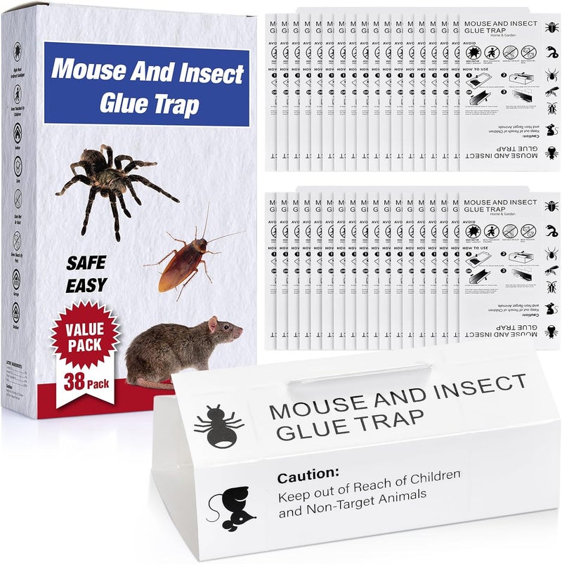 ROTIAH Mouse & Bugs Roach Spider Insect Traps, 38 Pack Glue Traps for Mice Ant Snake Rats, Sticky Pest Control Adhesive Tray for Catching, Sesame Oil Scent Non Toxic Pre-Baited Glue Boards Indoor Home - Image 1